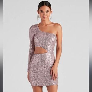 Windsor Blush Sequin One-Shoulder Cutout Mini Dress